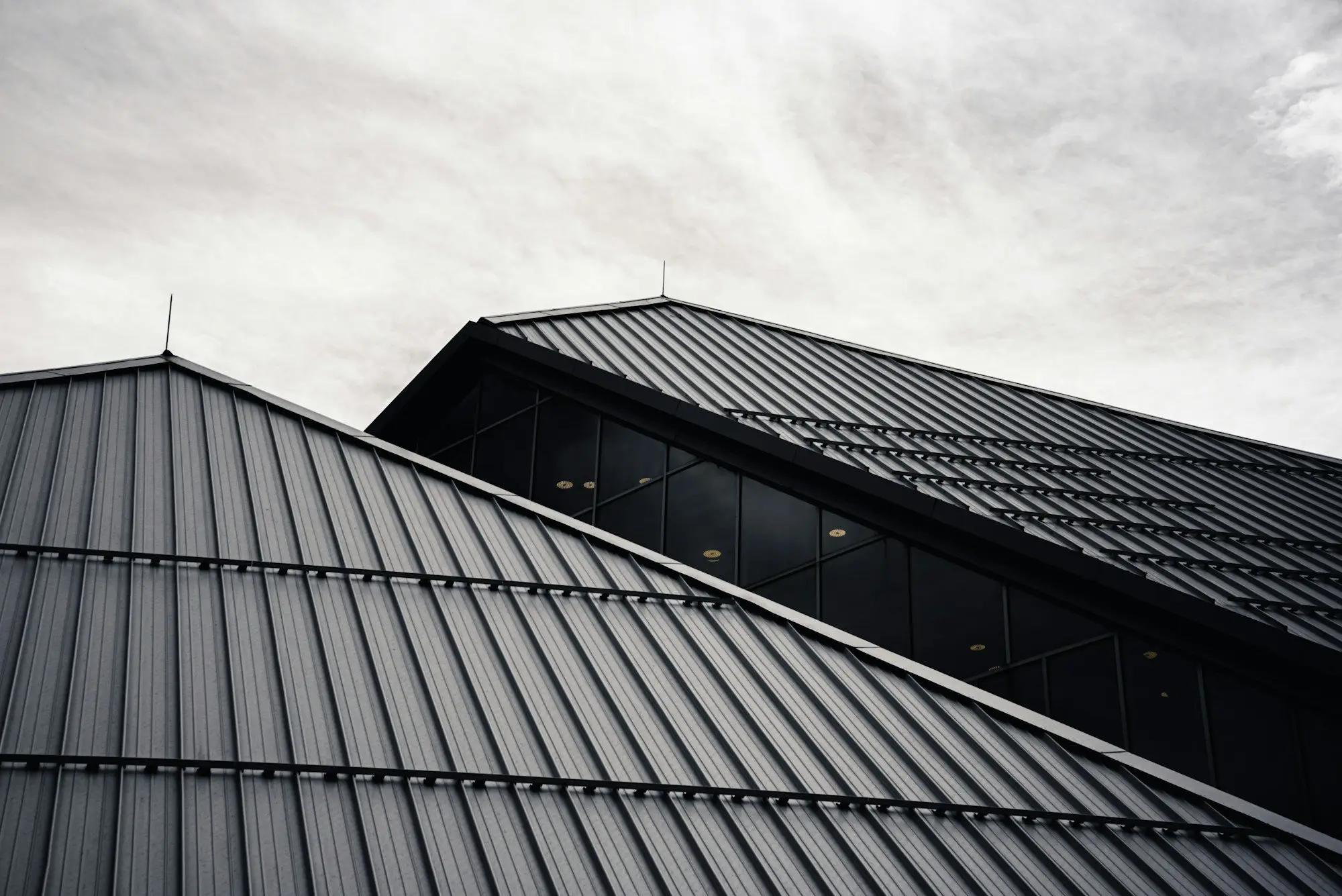 Large building with steep dark standing-seam metal roofs