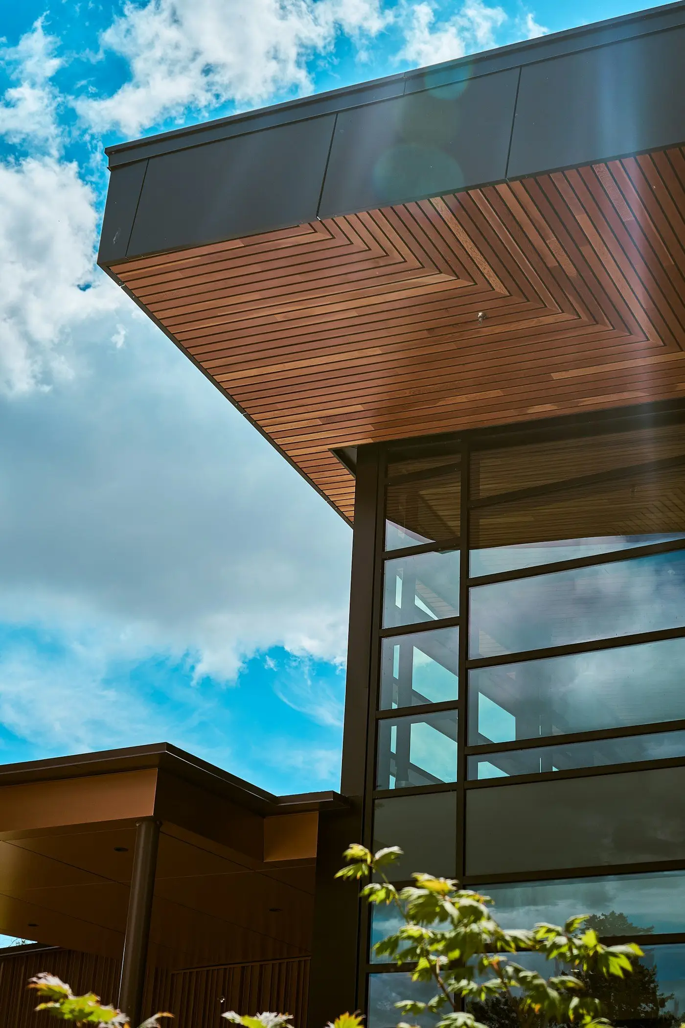 Modern building with a wood-lined roof overhang against a blue sky