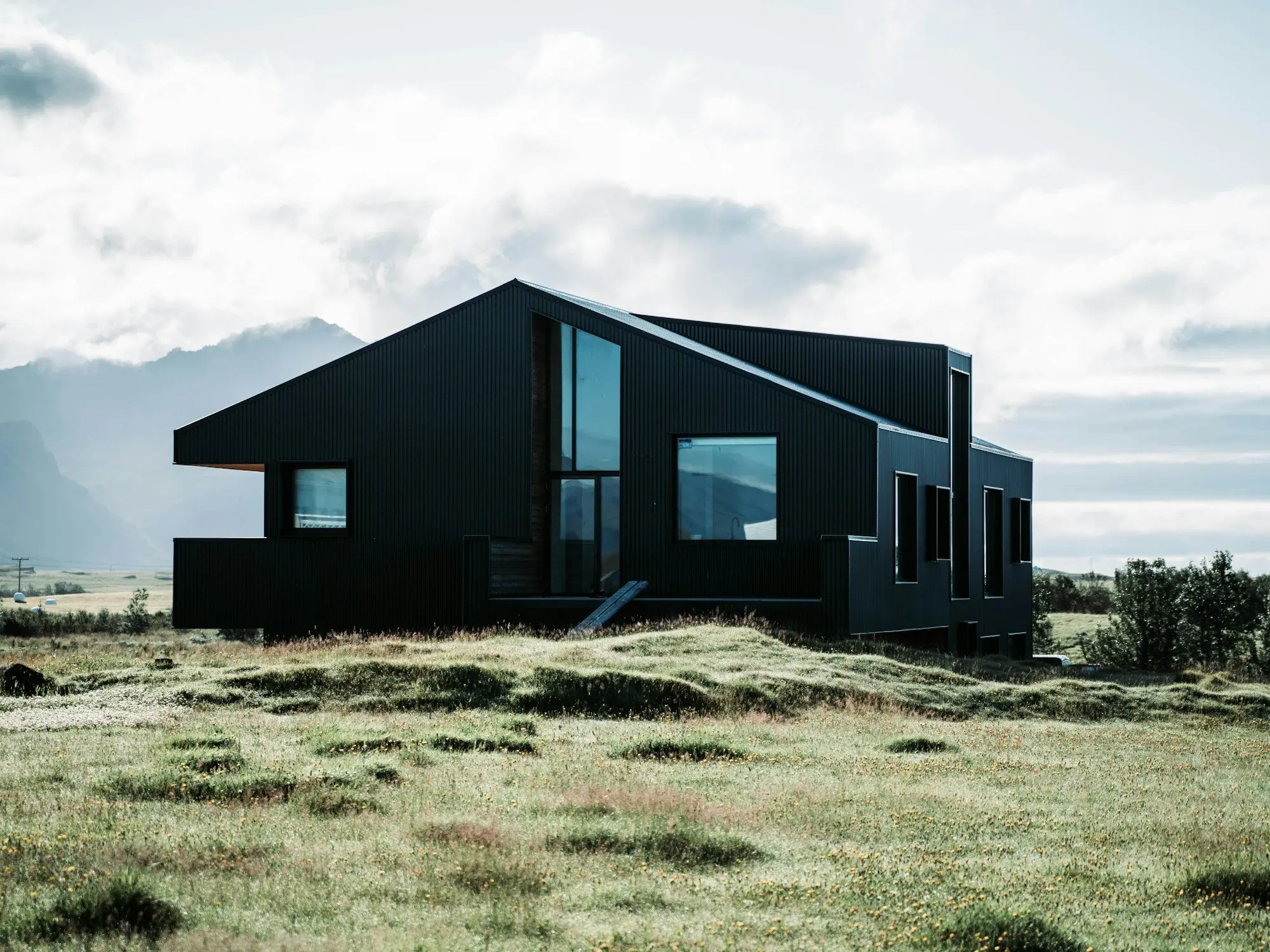 Black metal-clad modern house with a pitched roof in an open green landscape