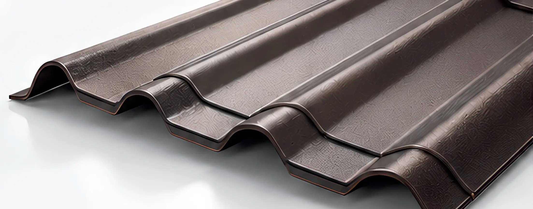Brown Roman profile roofing sheet with flat pans and raised ribs