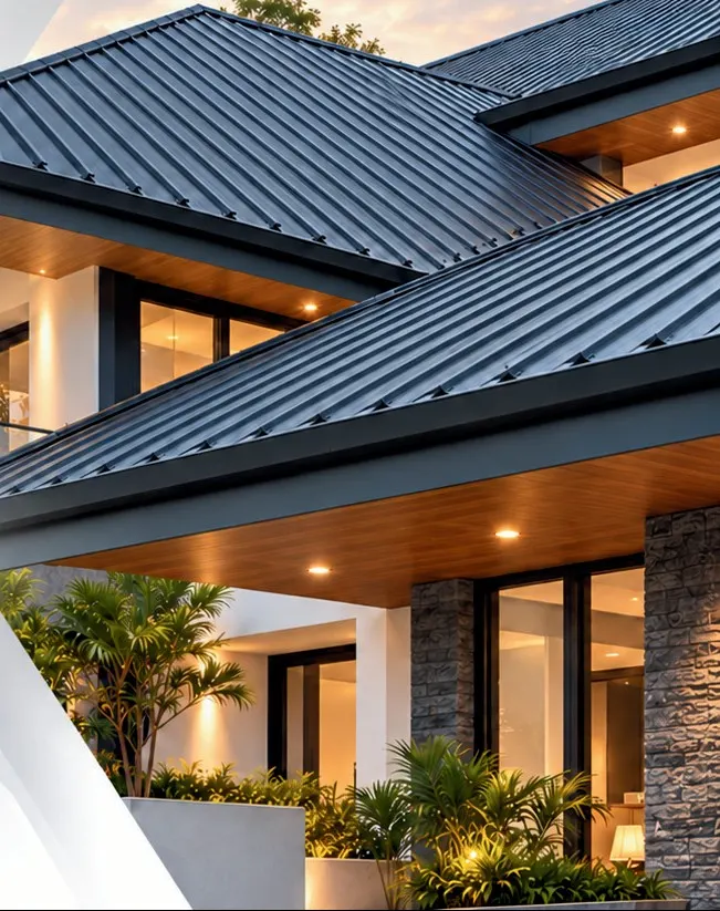House roofed with dark grey single layer standing-seam sheets above lit wood soffits