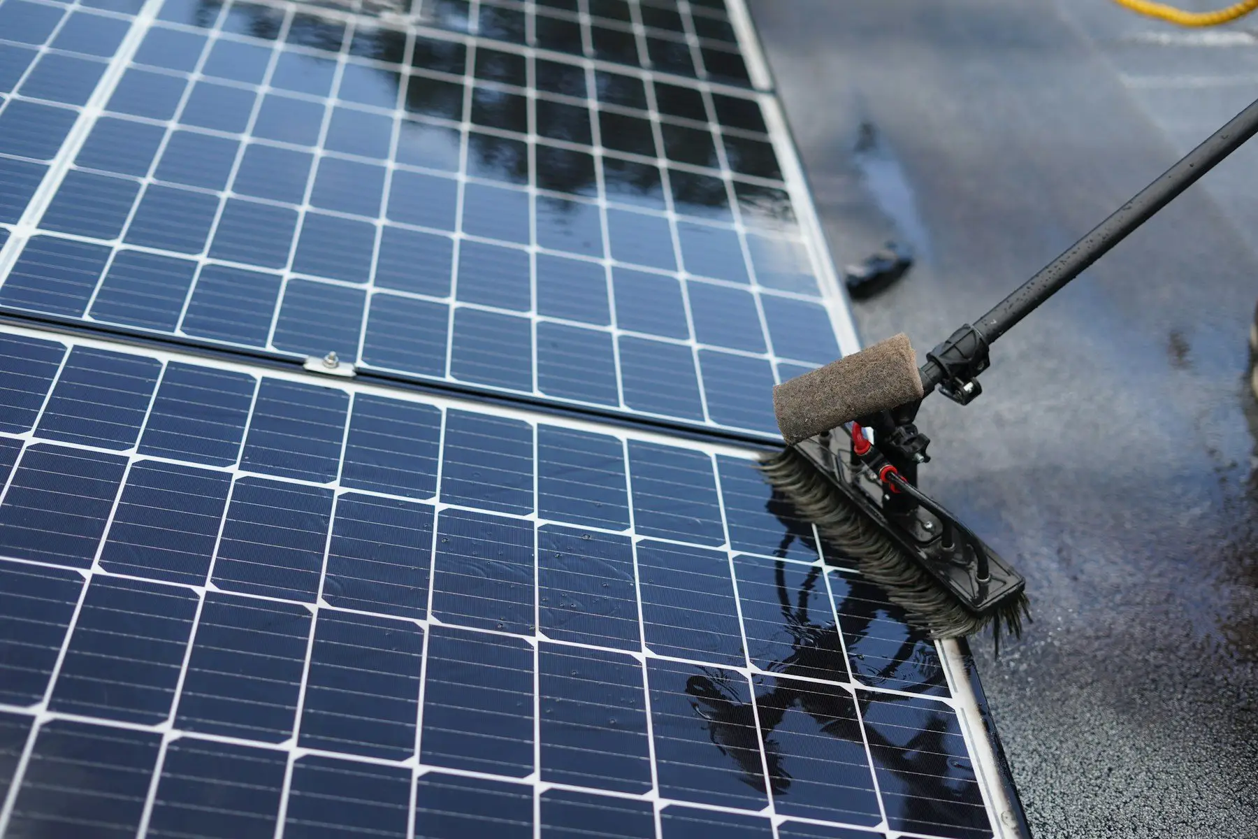 Long-handled brush washing a wet solar panel